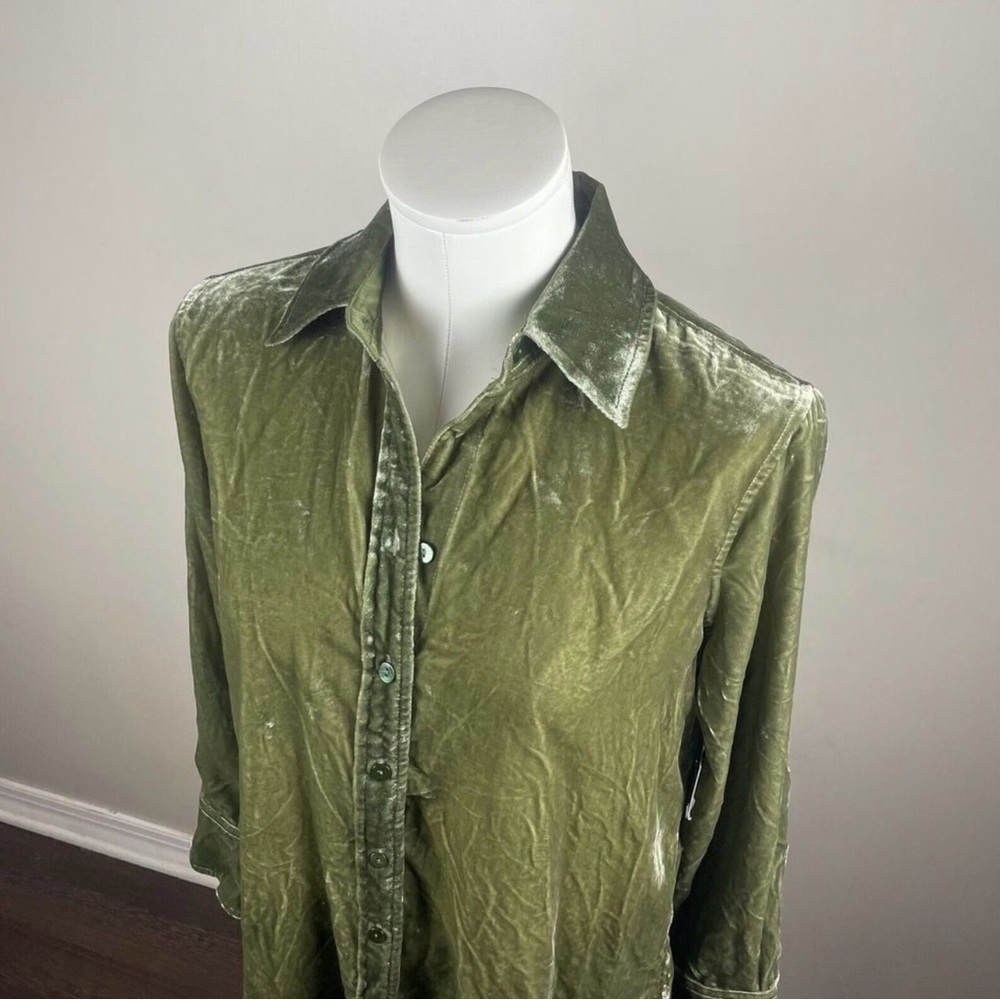 John Mark Large Crushed Velvet Button Up Shirt Blouse Top Long Sleeve Green - Picture 2 of 6